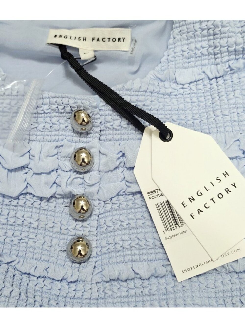 English Factory XS Blue Tweed Textured Mini Shift Dress Puff Sleeve Button $130 - Picture 8 of 8